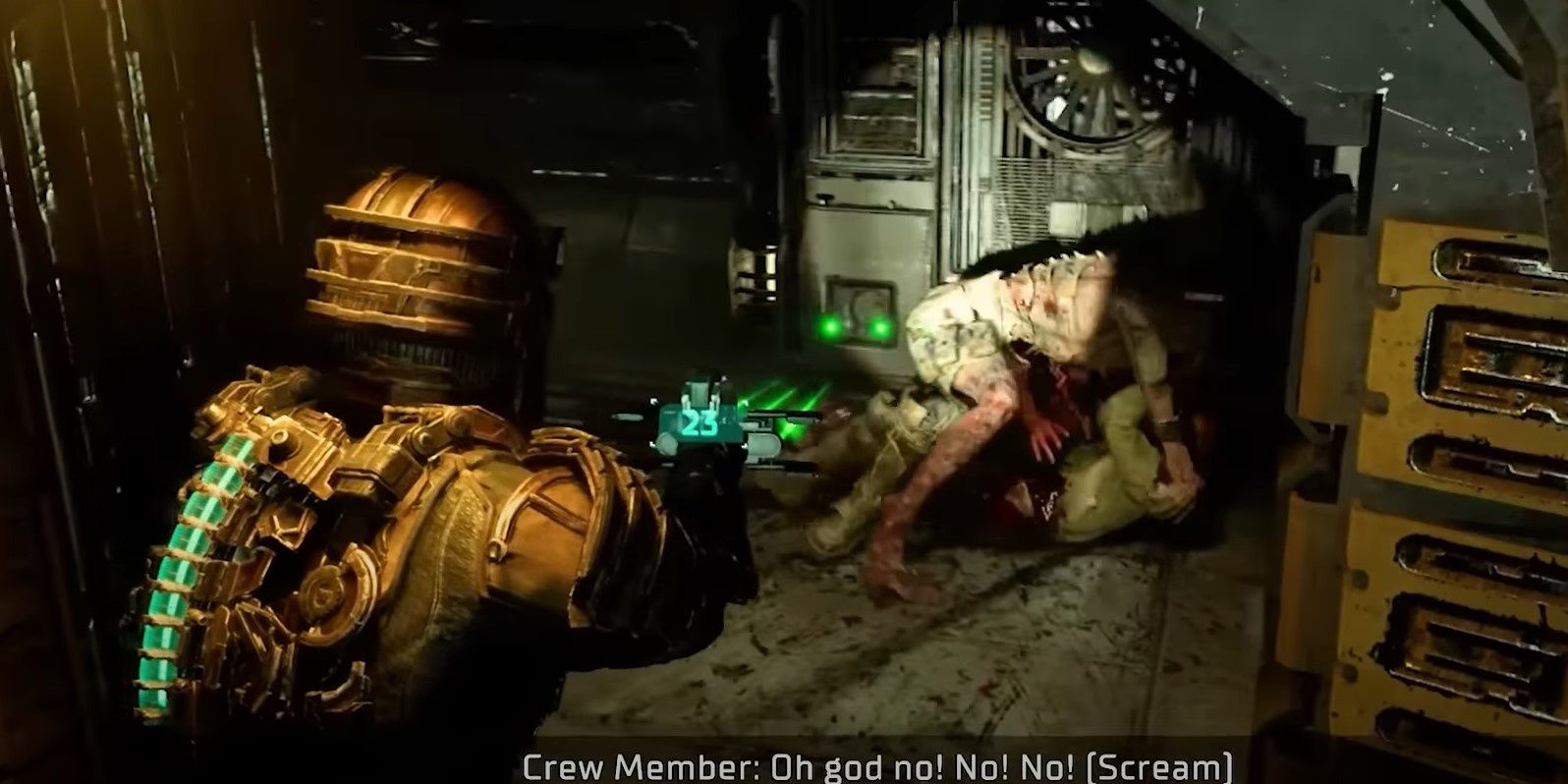 Isaac witnessing a crew member be slaughtered by a Necromorph