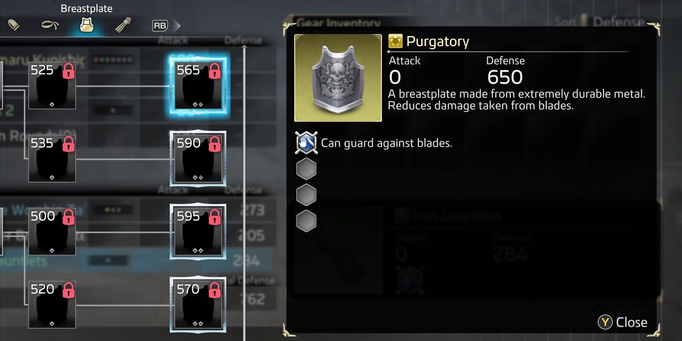 Purgatory with its stats and description in the crafting menu.