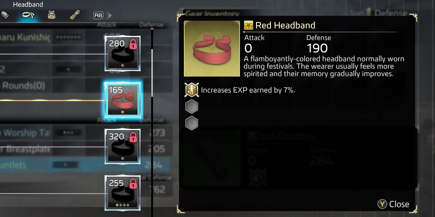 The Red Headband with its stats and description in the crafting menu.