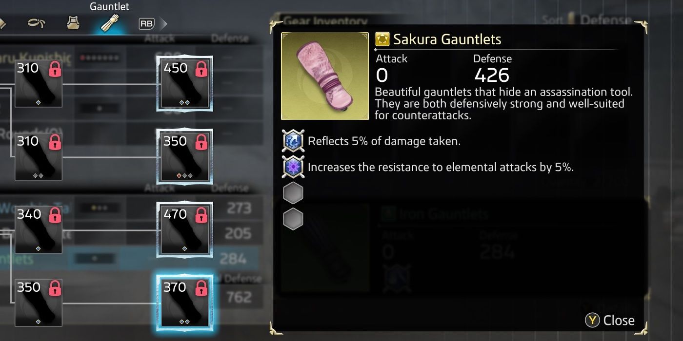The Sakura Gauntlets with its stats and description in the crafting menu.