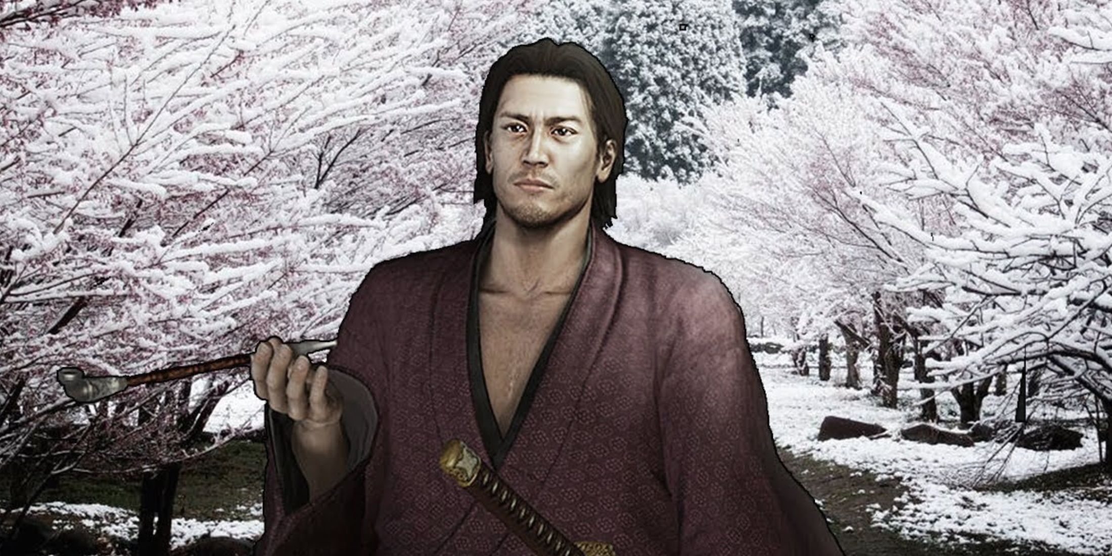 Niibori Matsusuke stands with his hand out among many snowy trees in Like A Dragon: Ishin