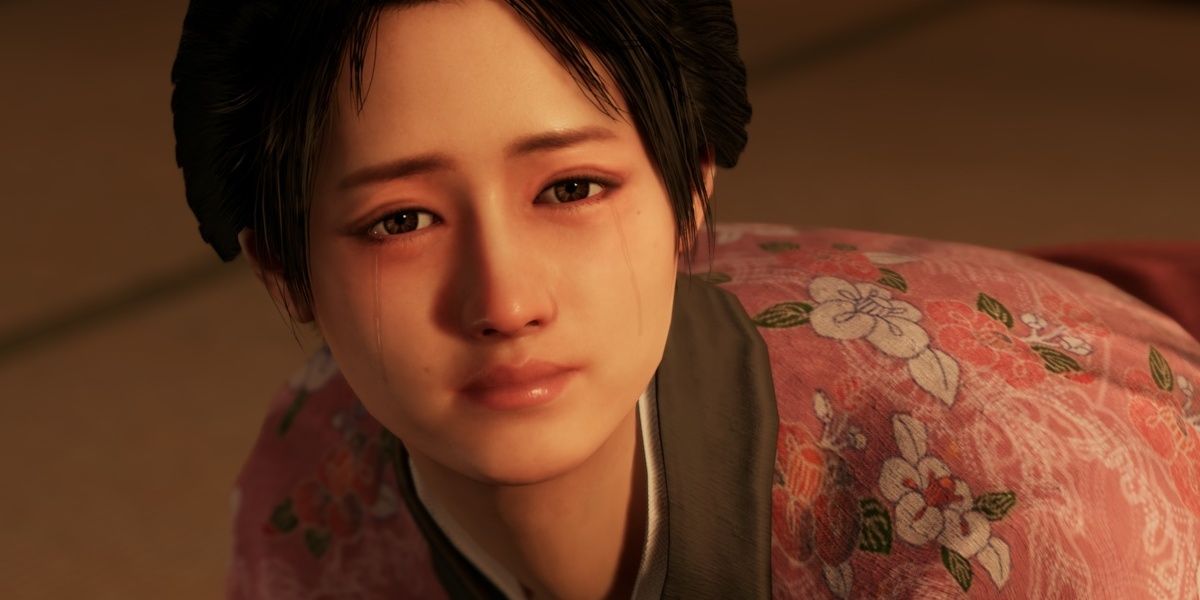 Oryo Narasaki crying as tears stream down her cheeks in Like A Dragon: Ishin