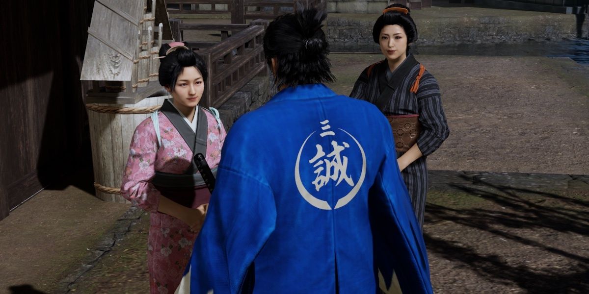 Otose speaking with Oryo Narasaki and Ryoma Sakamoto in Like A Dragon: Ishin