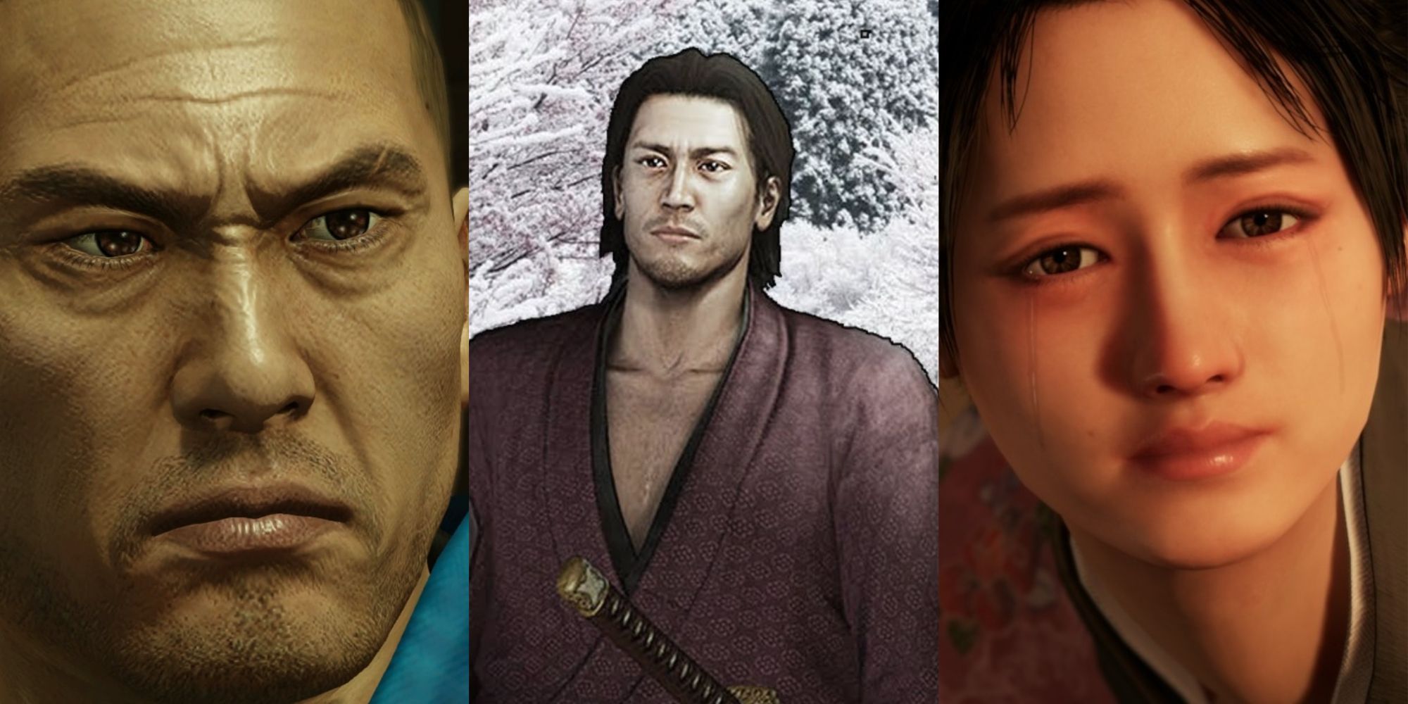 Nagakura Shinpachi looking stoic. Niibori Matsusake smiling among the trees with his sword. Oryo Narasaki crying with tears streaming down her face in Like A Dragon: Ishin