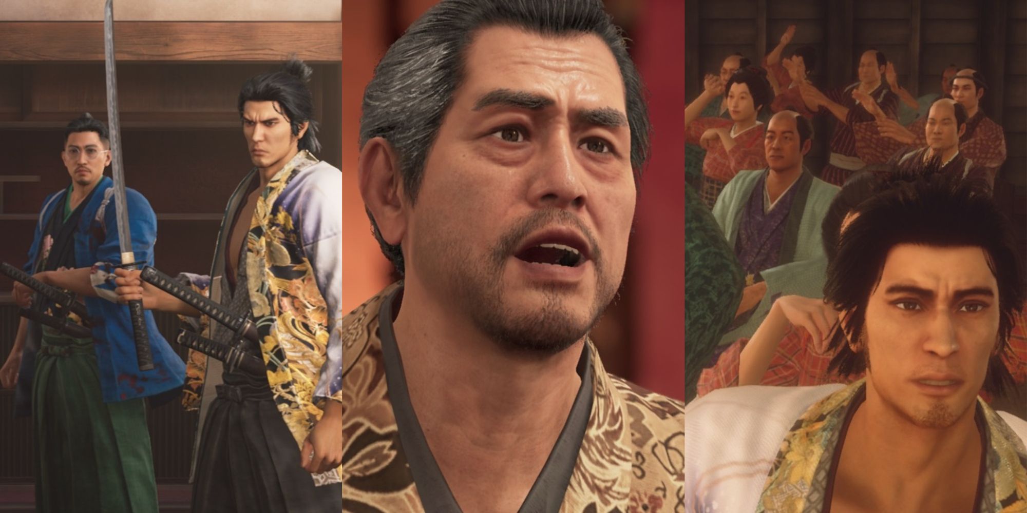 Ryoma holding a sword among the Shinsengumi. Kondo Isami speaking with Ryoma. Ryoma and a band of dance-crazed citizens.