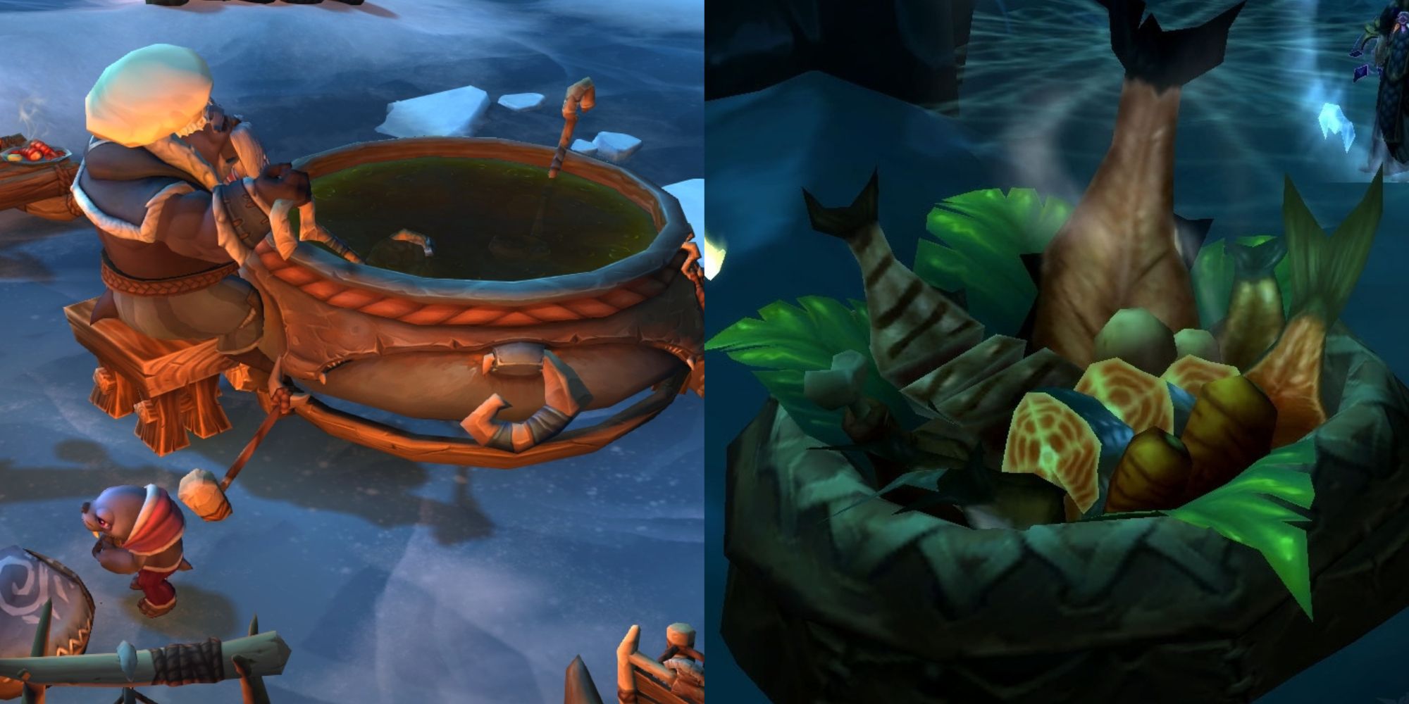 Iskaara Community Feast (left) and Grand Banquet of the Kalu'ak (right)