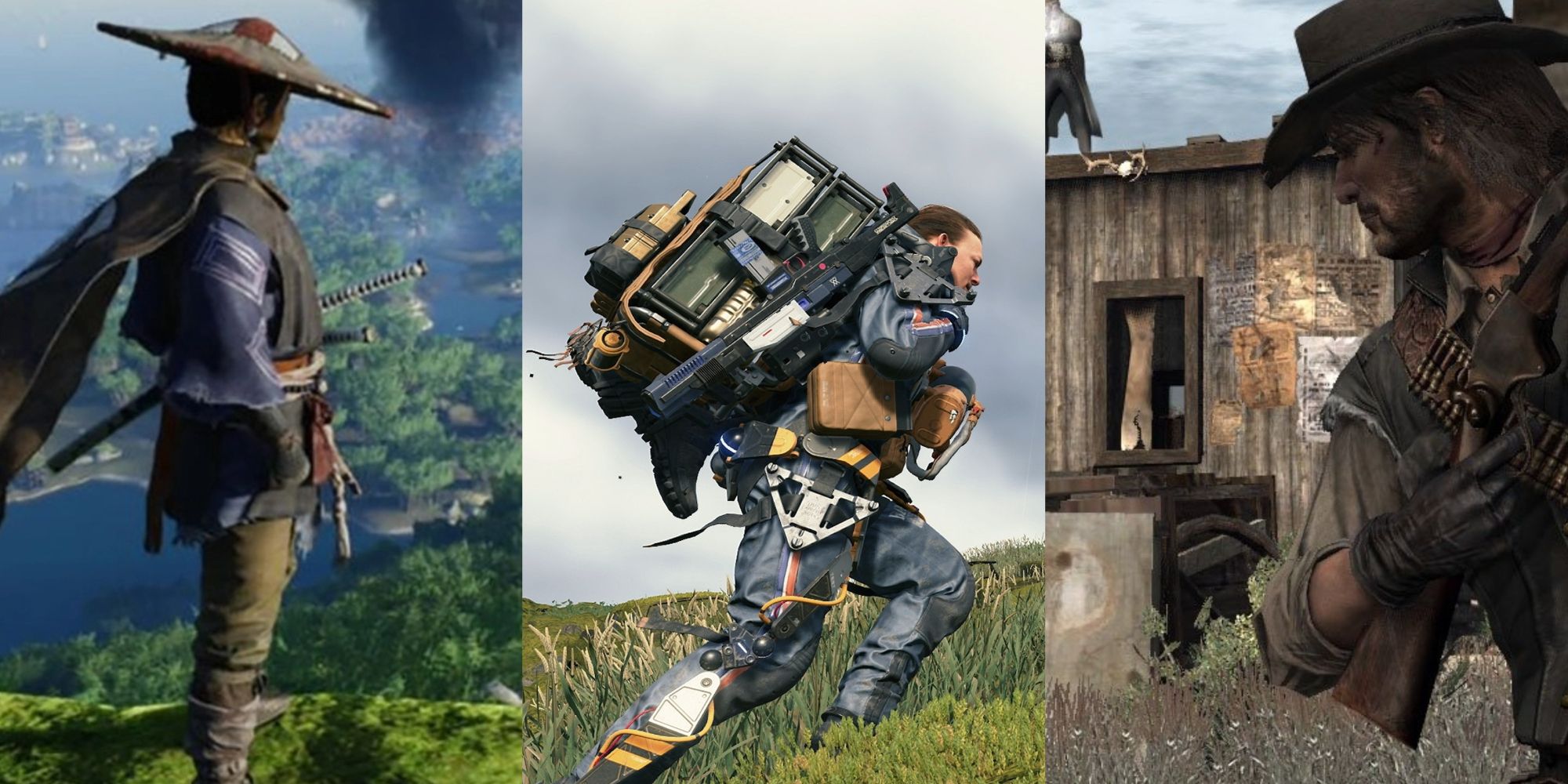 Jin Sakai from Ghost of Tsushima, Sam Porter Bridges from Death Stranding, and John Marston from Red Dead Redemption 2