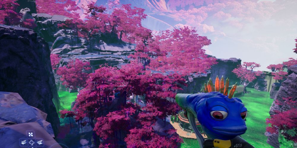 Looking out onto a valley with purple trees growing densely toward the horizon.