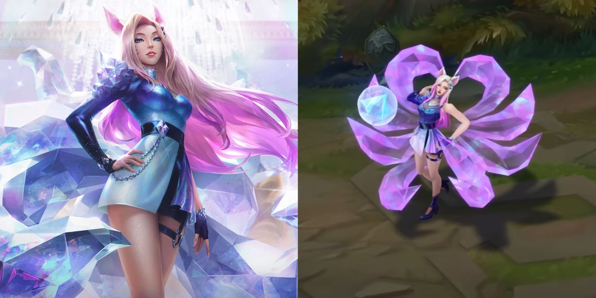A split image of K/DA All Out Ahri from League of Legends, showcasing her splash art and model