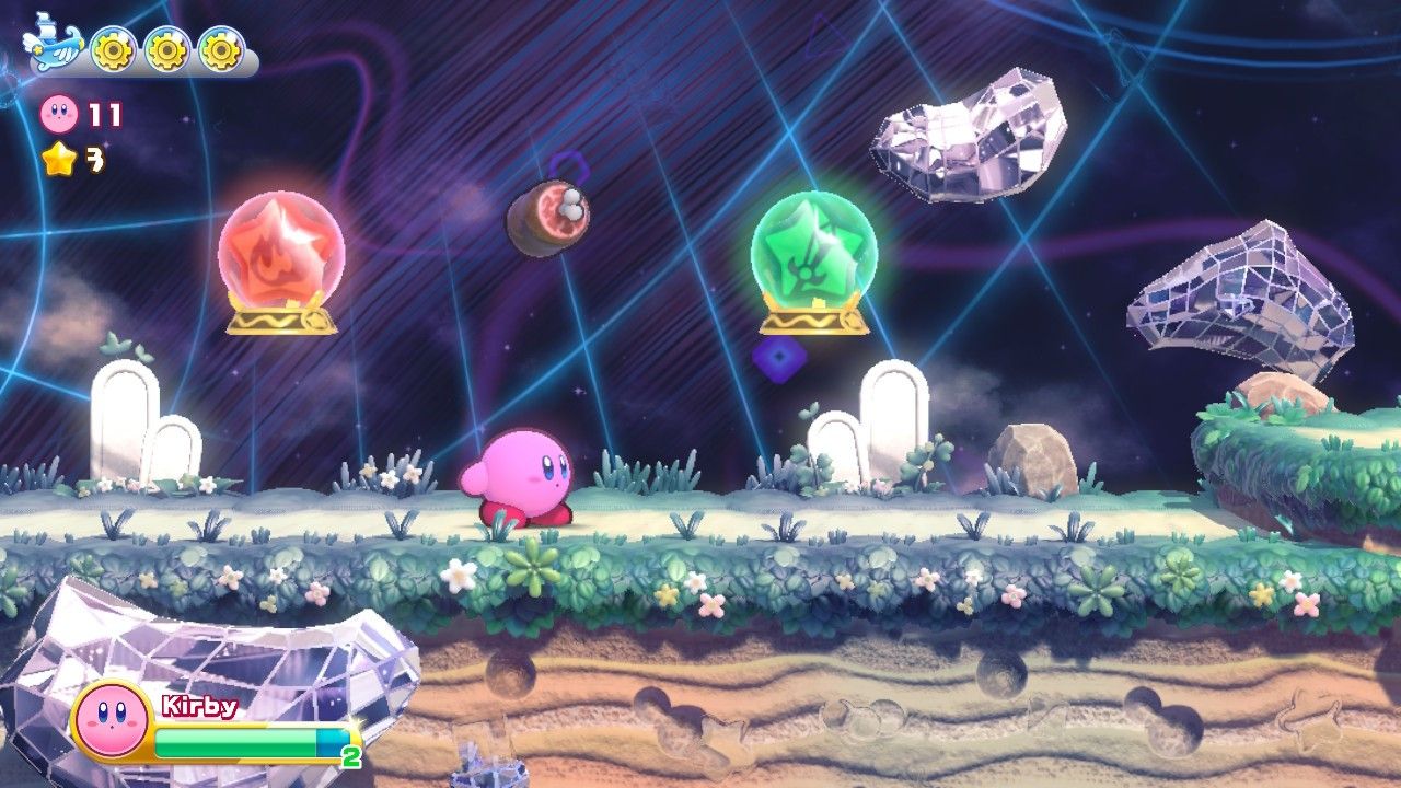 Kirby underneath the Fire and Sword ability, as well as a piece of meat in in Cookie Country in Kirby's Return to Dreamland Deluxe.