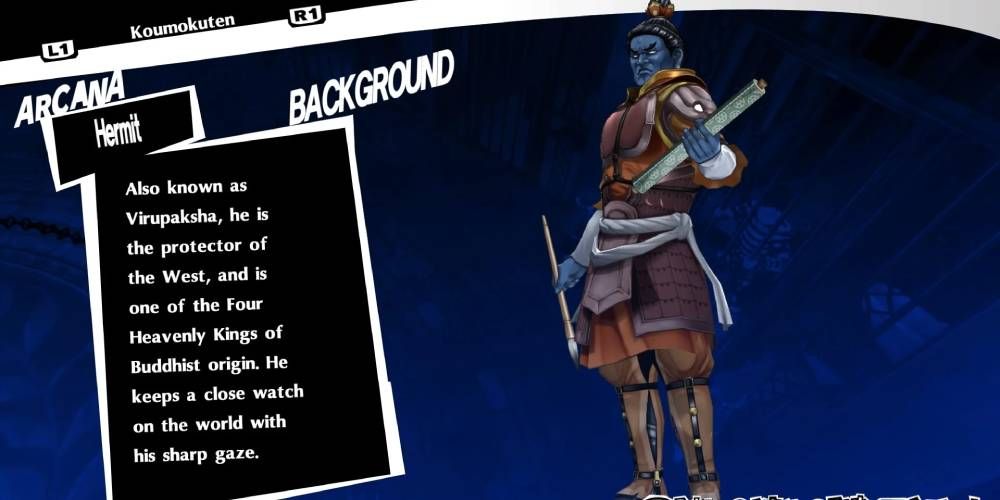 Persona 5 Royal rendition and profile of Koumokuten