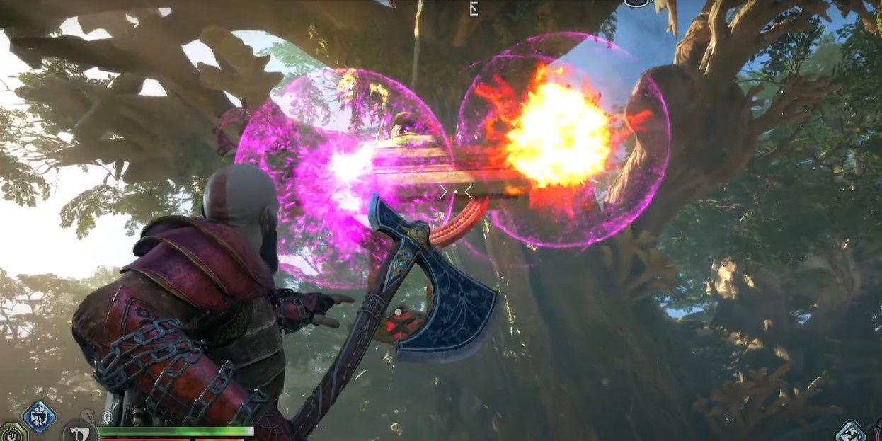 Kratos aiming sigil arrows at the lit brazer in Pilgrim's landing