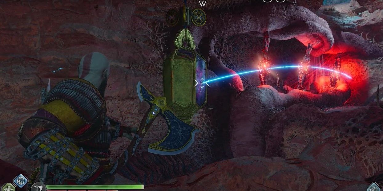 Kratos aiming to throw Leviathan Axe at reflective surface