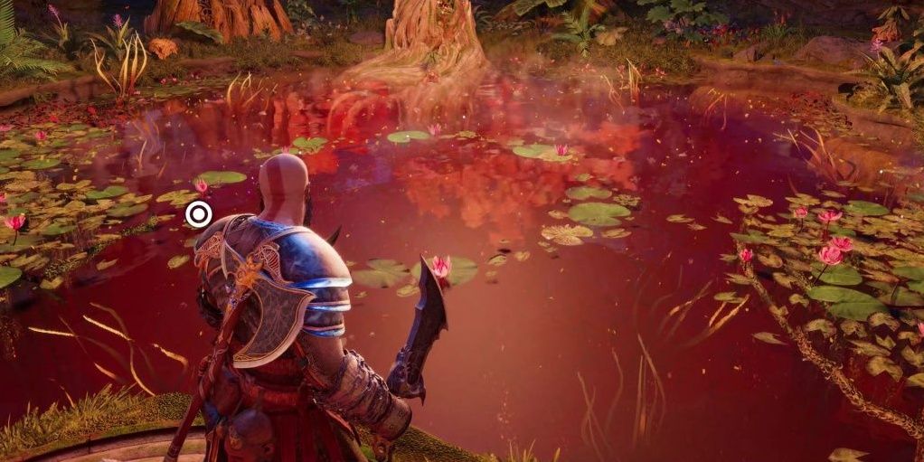 Kratos at the wishing well in Vanaheim