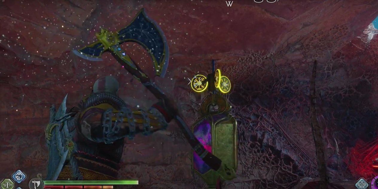 Kratos catching the leviathan Axe after throwing it at a lever