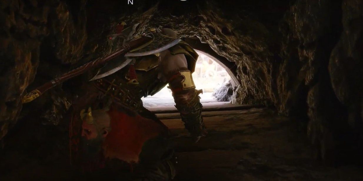 Kratos crouching through passageway in Nidavellir