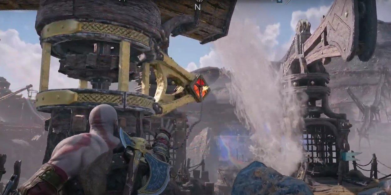 Kratos grappling a water canal
