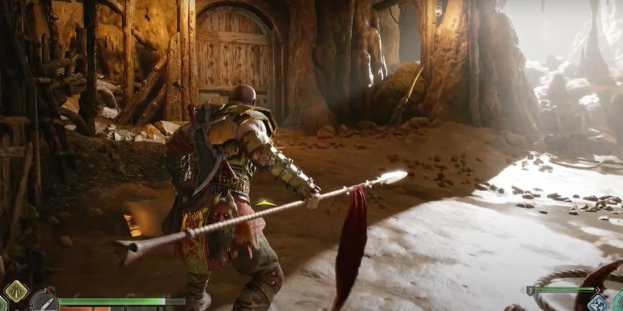Kratos heading to a door in the underground area of the Applecore