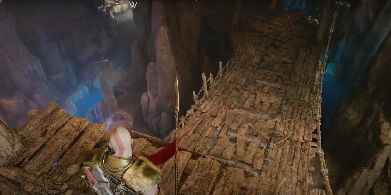 Kratos looking down at wooden pathway