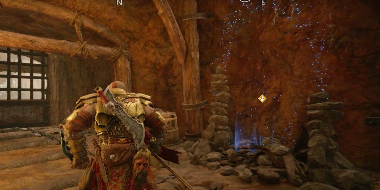 Kratos near a mystic gateway and a gate in the Applecore