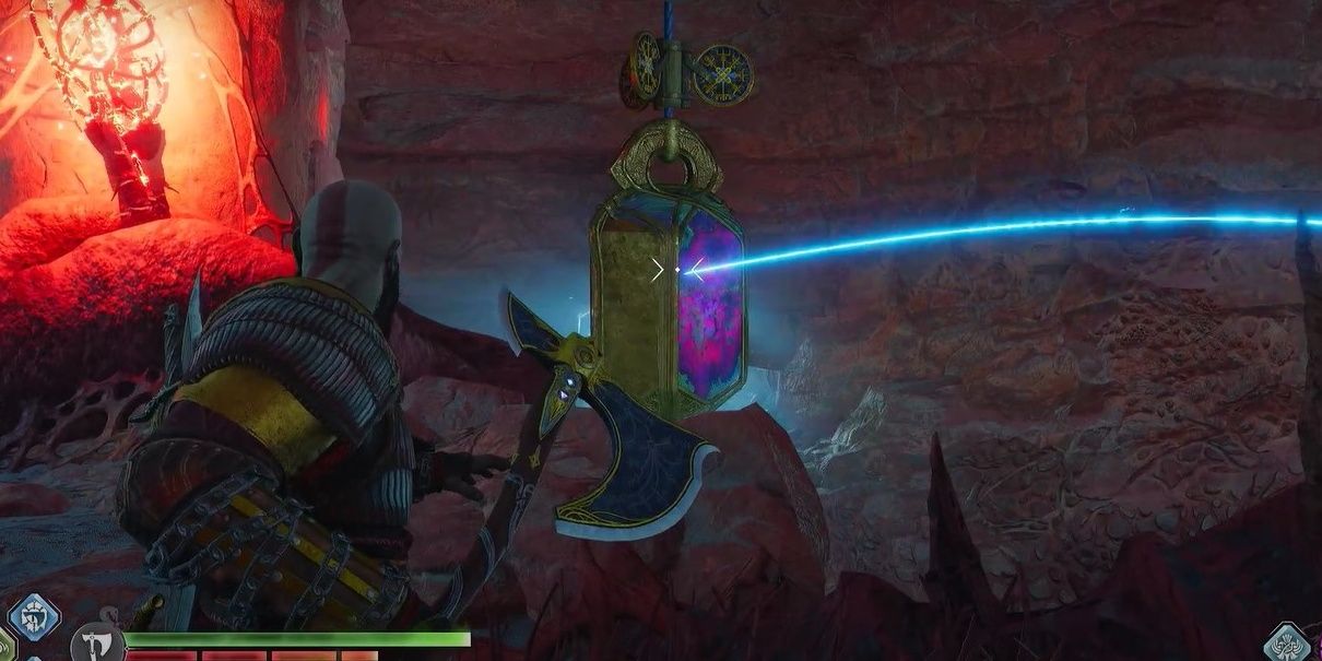 Kratos preparing to throw axe at a reflective surface