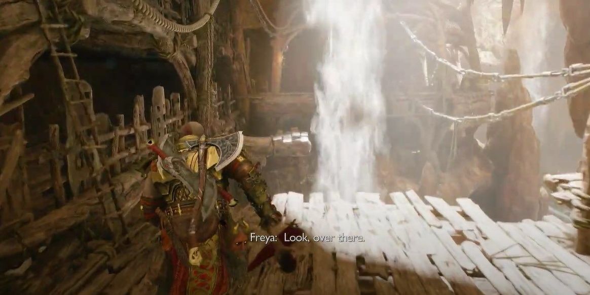Kratos swinging across gap to curved wooden pathway