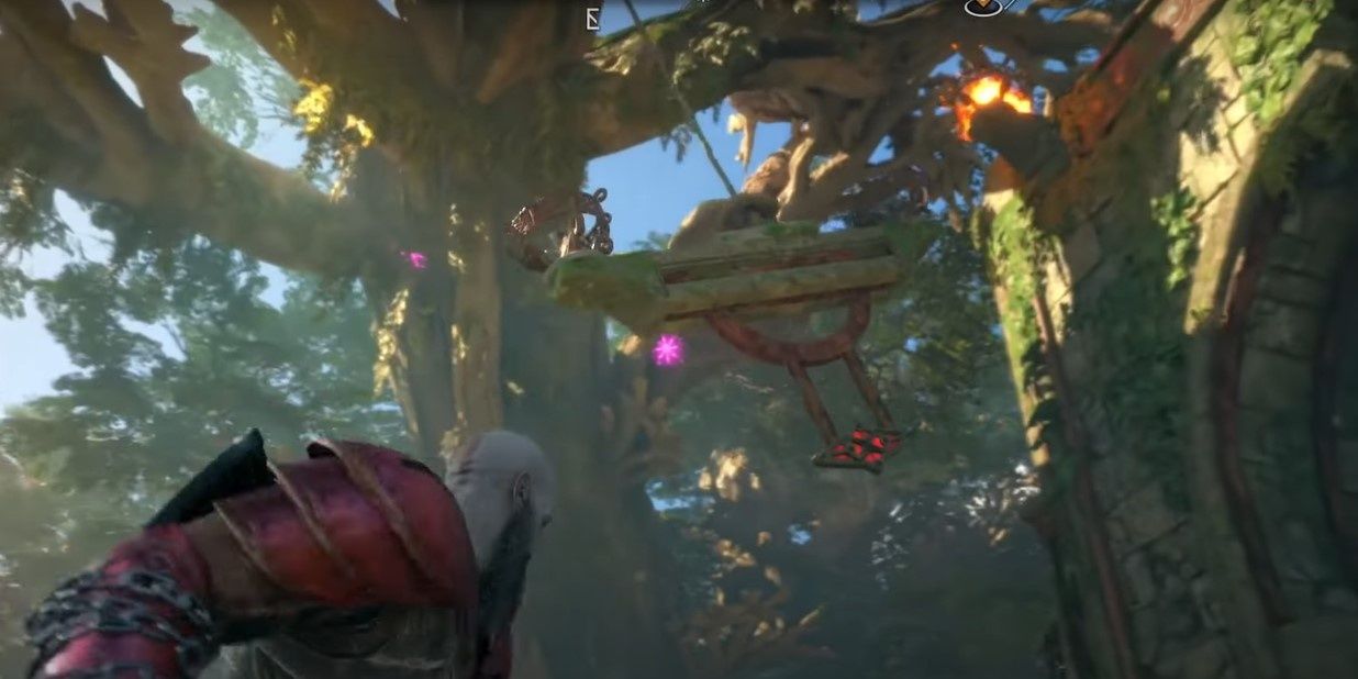 Kratos swinging structure into lit brazer in Pilgrim's landing