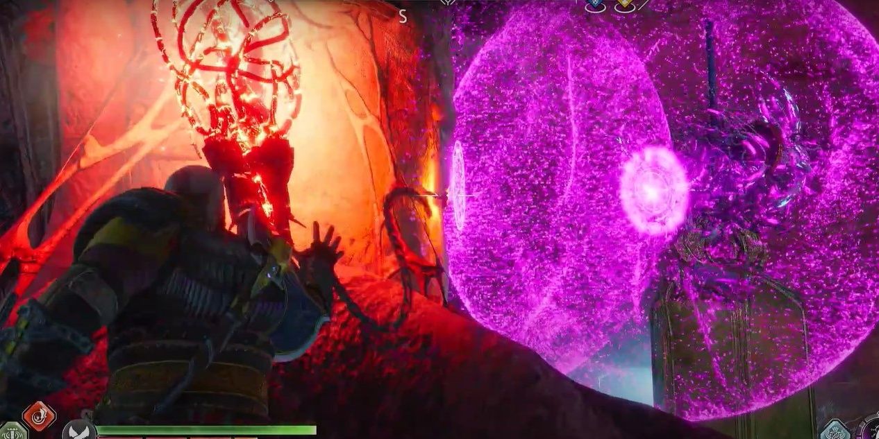 Kratos throwing blades at mystic arrow aura
