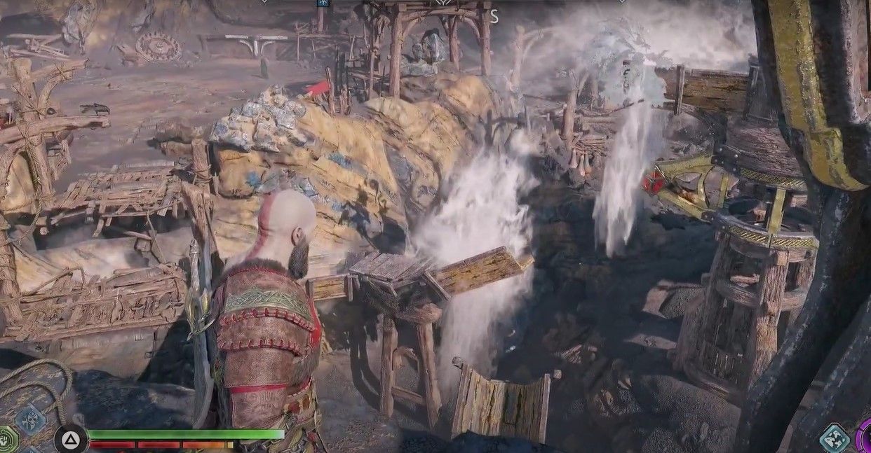 Kratos throwing Leviathan Axe at water canal