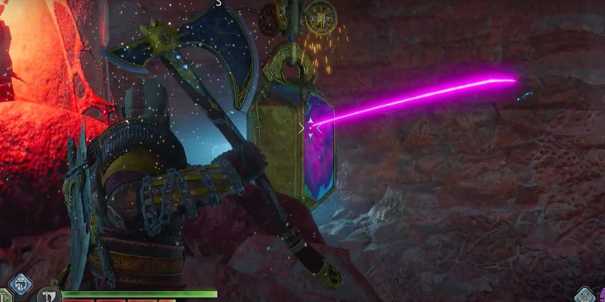 Kratos turning a hanging object on the cave ceiling