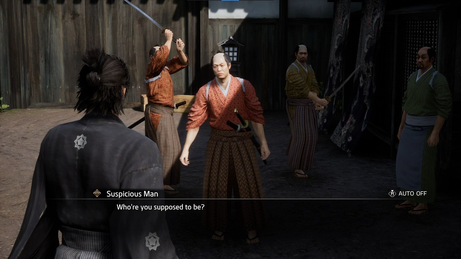 Like A Dragon Ishin, Chapter 1, Ryoma confronts some ronin shaking down a shop owner