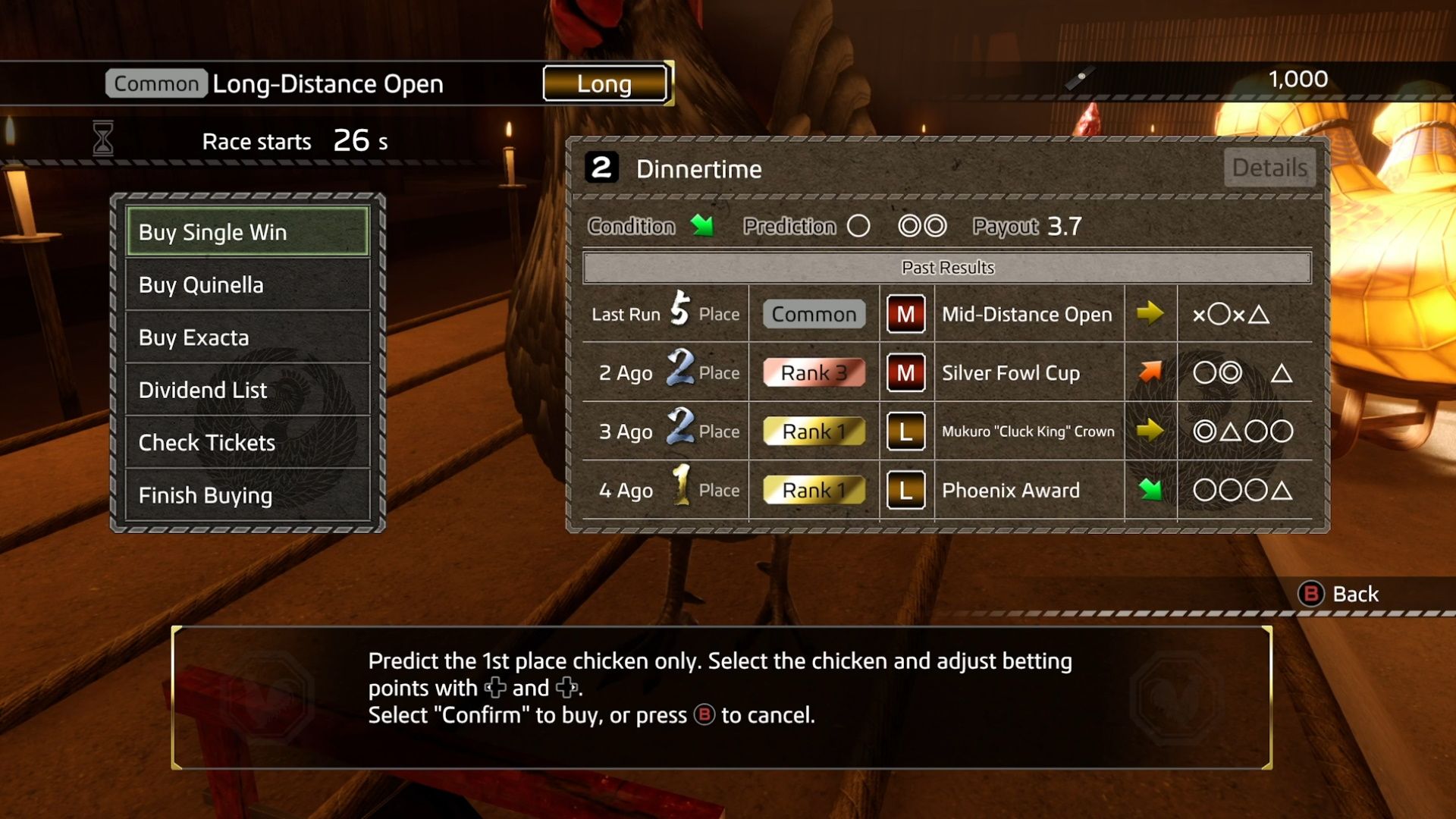 Like A Dragon Ishin, Chicken Races, Showing the Buy Single Win option
