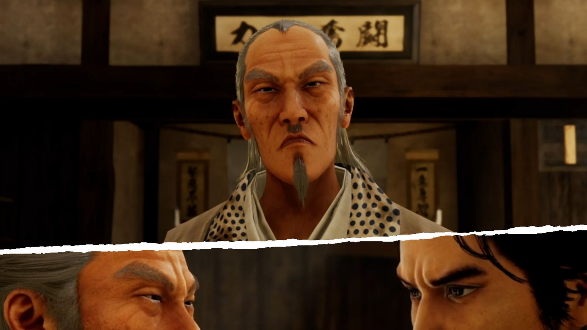 Like A Dragon Ishin, Komaki looking stern as usual with the lower half featuring the Komaki and Ryoma staring each other down