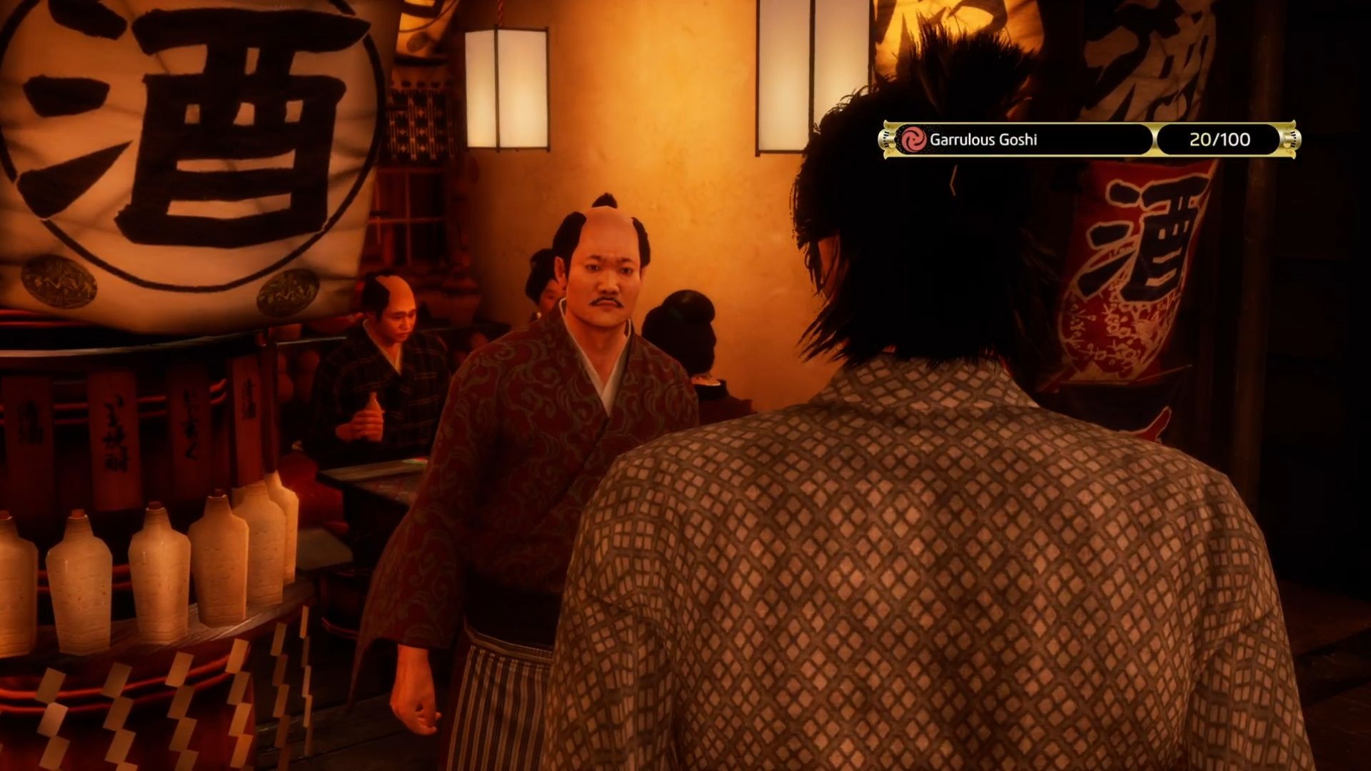 Like A Dragon Ishin, Ryoma chatting with the Fukufuku Pub owner