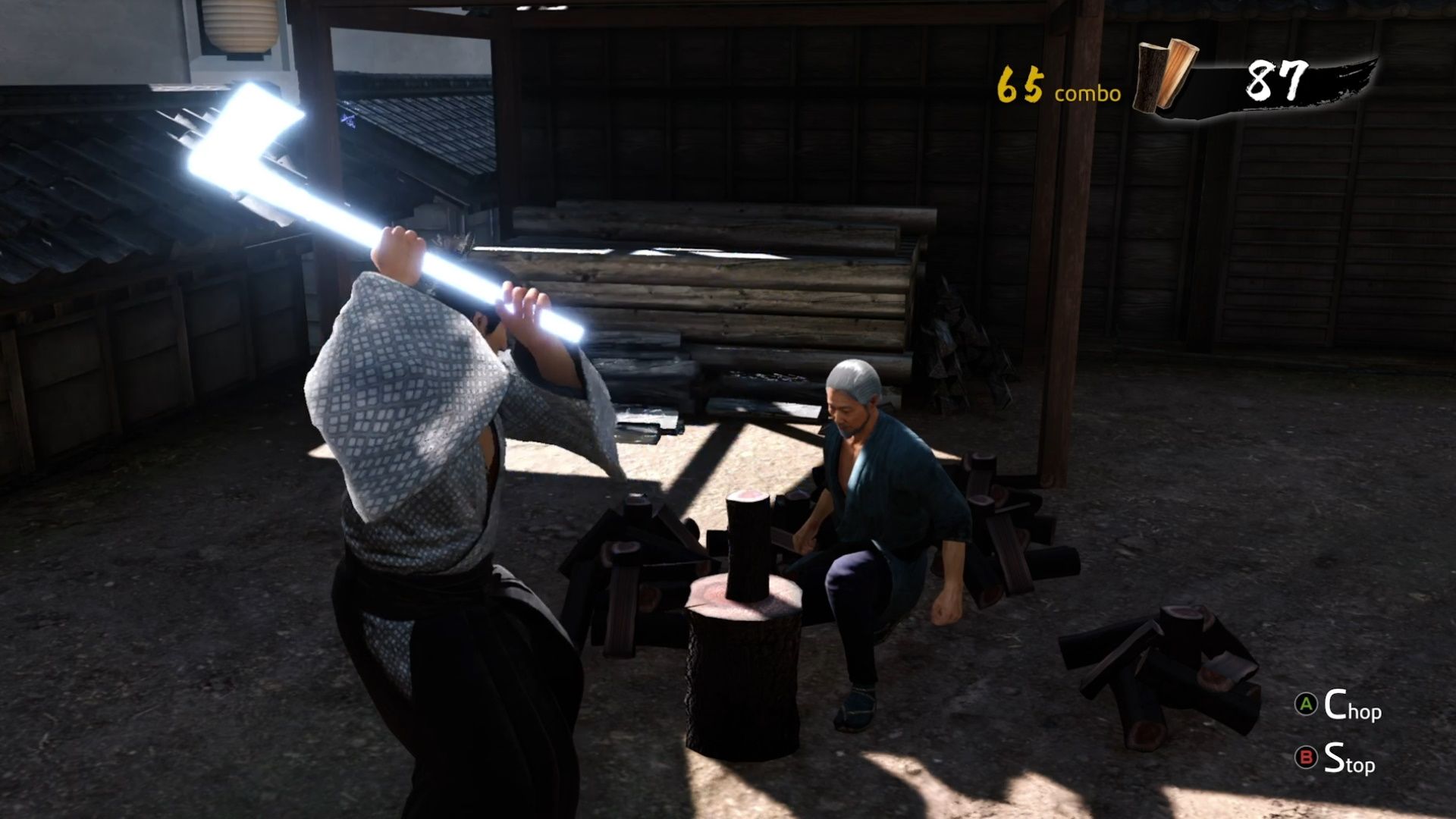 Like A Dragon Ishin, Ryoma cutting wood