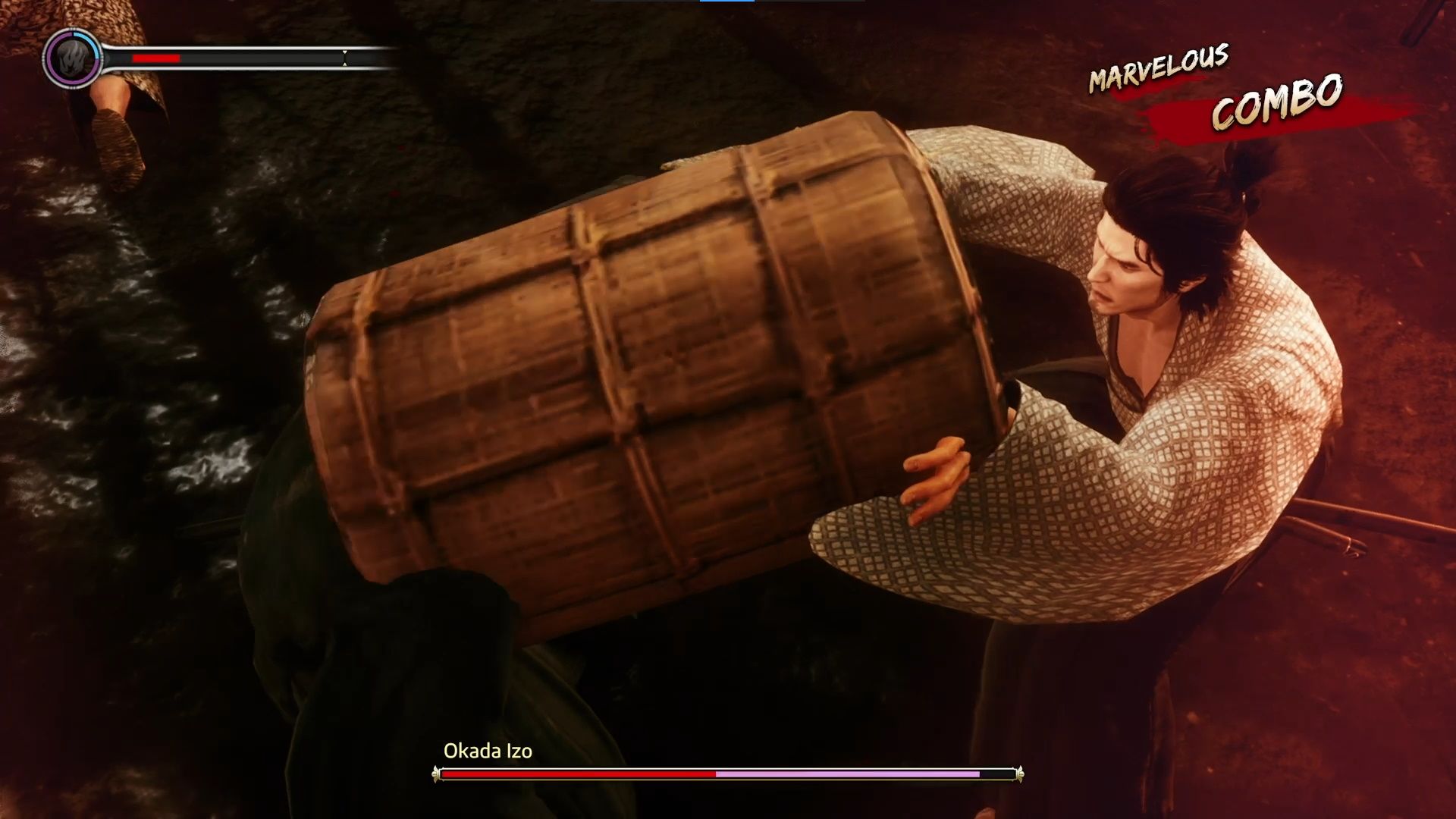 Like A Dragon Ishin, Ryoma slamming a barrel on Izo's head