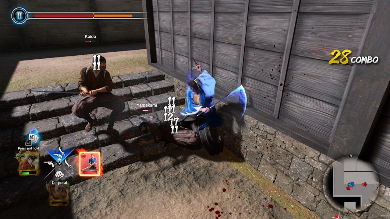 Like a Dragon  Ishin - Ryoma slicing through an enemy with his katana using Wild Dancer.