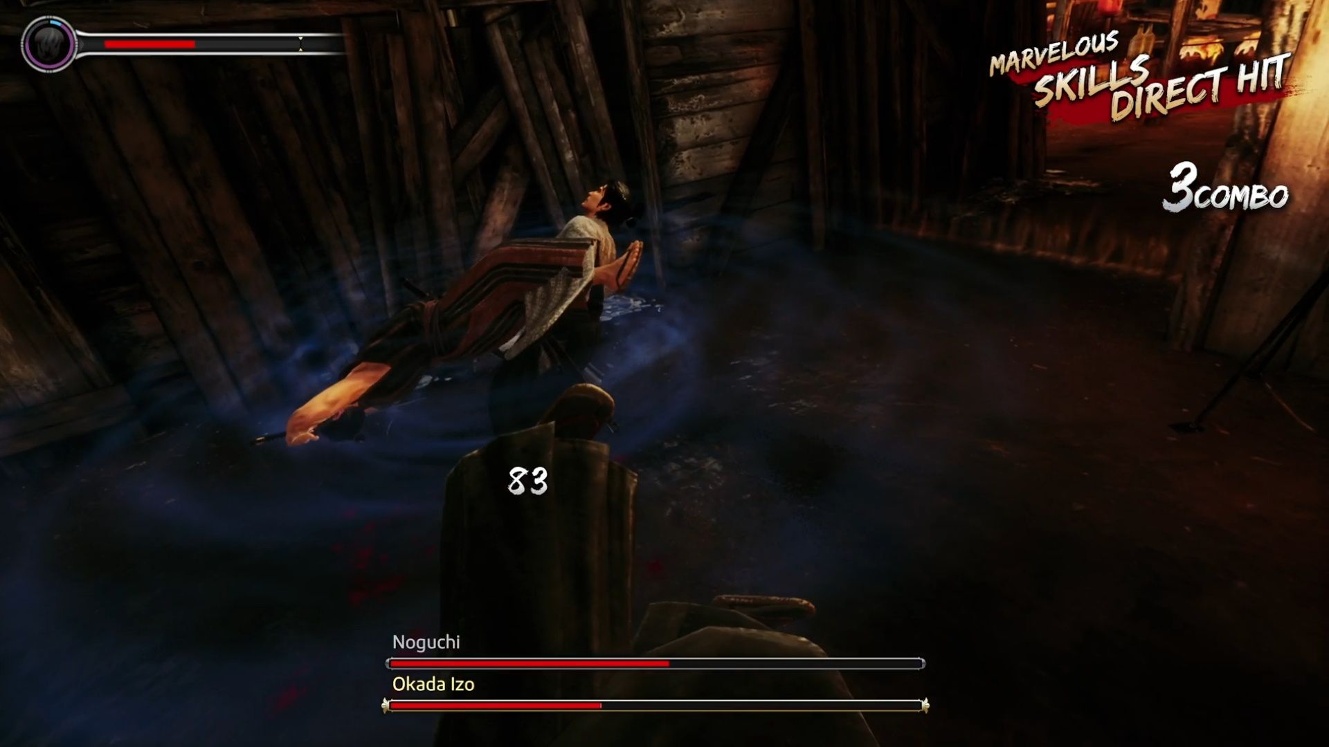 Like A Dragon Ishin, Ryoma using his Big Swing Heat Action to knock down enemy troops