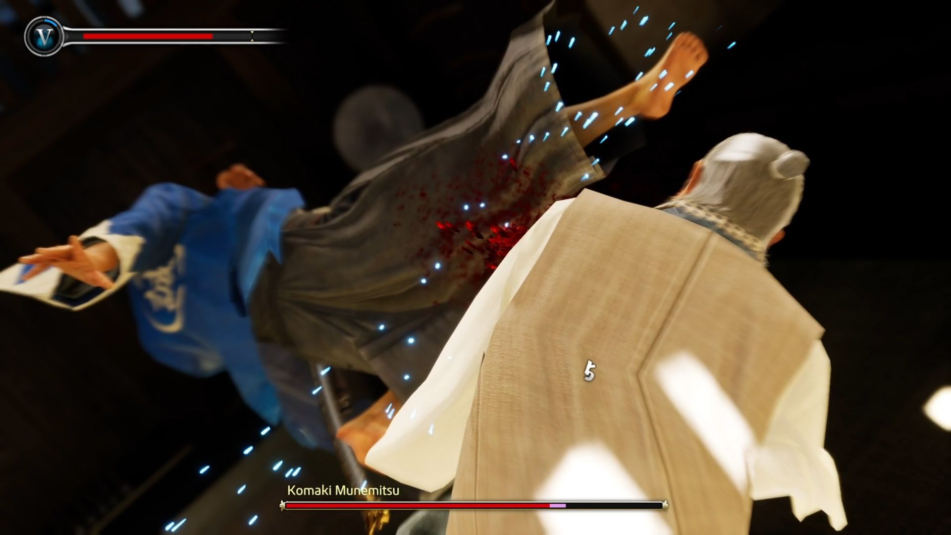 Like A Dragon Ishin, Ryoma using the Essence of Mercurial Fortune on Komaki to land a kick to his head