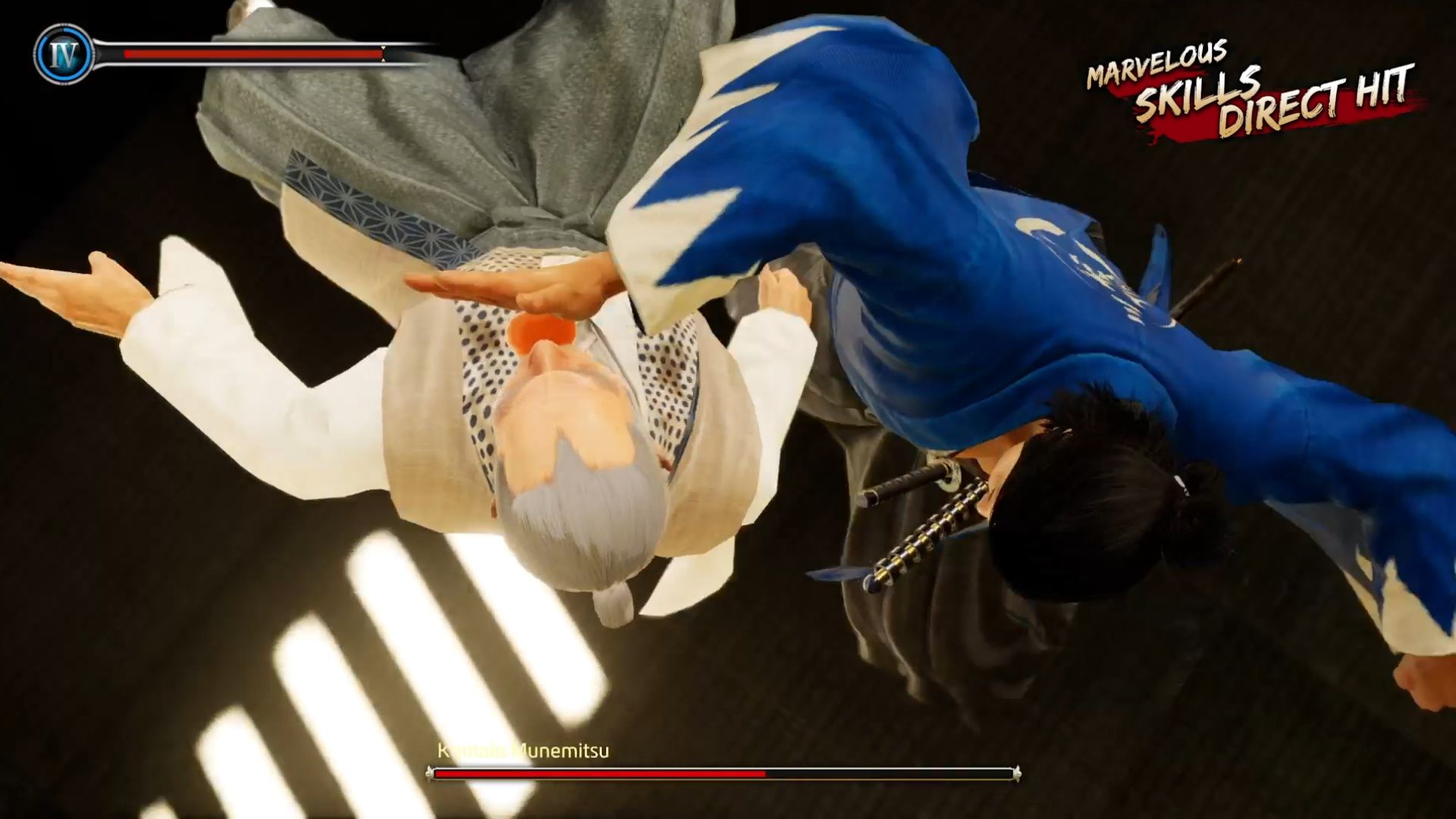 Like A Dragon Ishin, Ryoma using the Essence of Mikan to slam Komaki into the ground