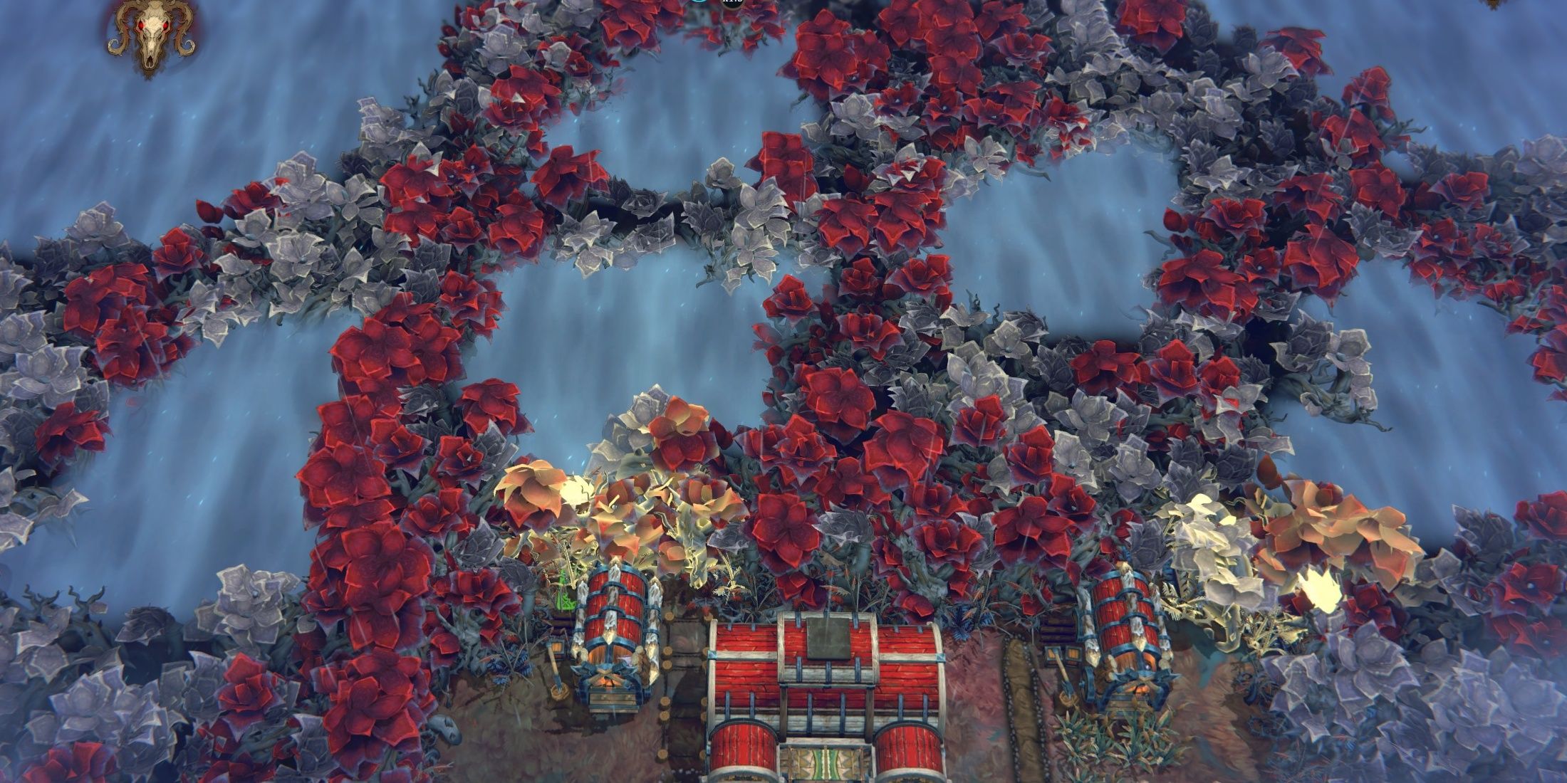 A red forest seen from overhead. The foggy areas are glades which you'll have to cut your way through.