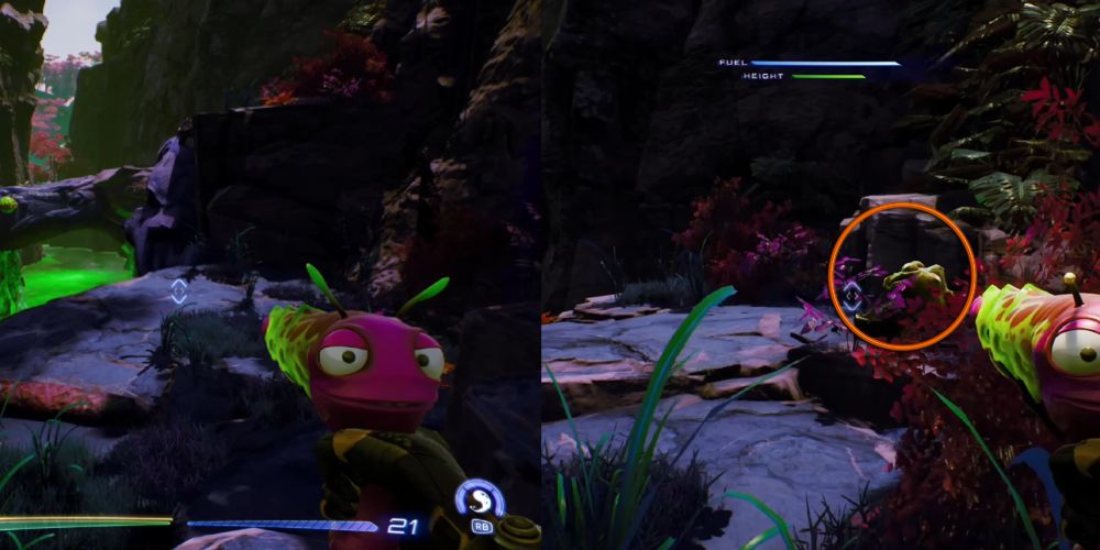 You're traversing a small canyon. There's another tree going across the gap. In front of you is a small ledge. A Luglox sits to the right, next to some bushes.