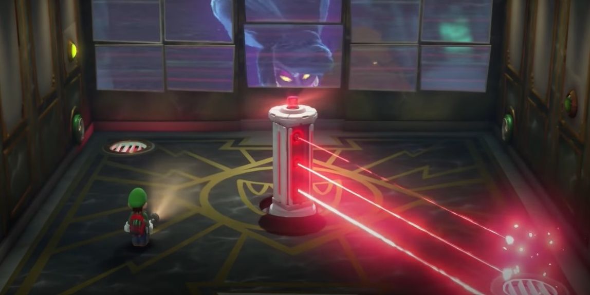 Luigi running around column with three lasers
