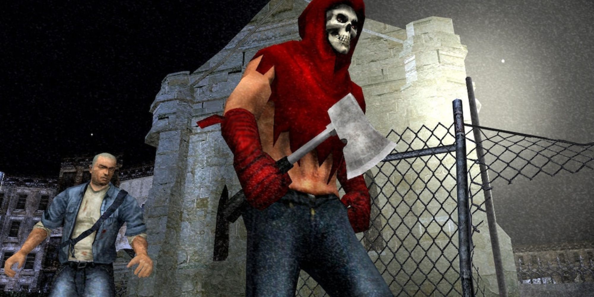 manhunt character sneaking up behind inmate dressed as grim reaper with weapon