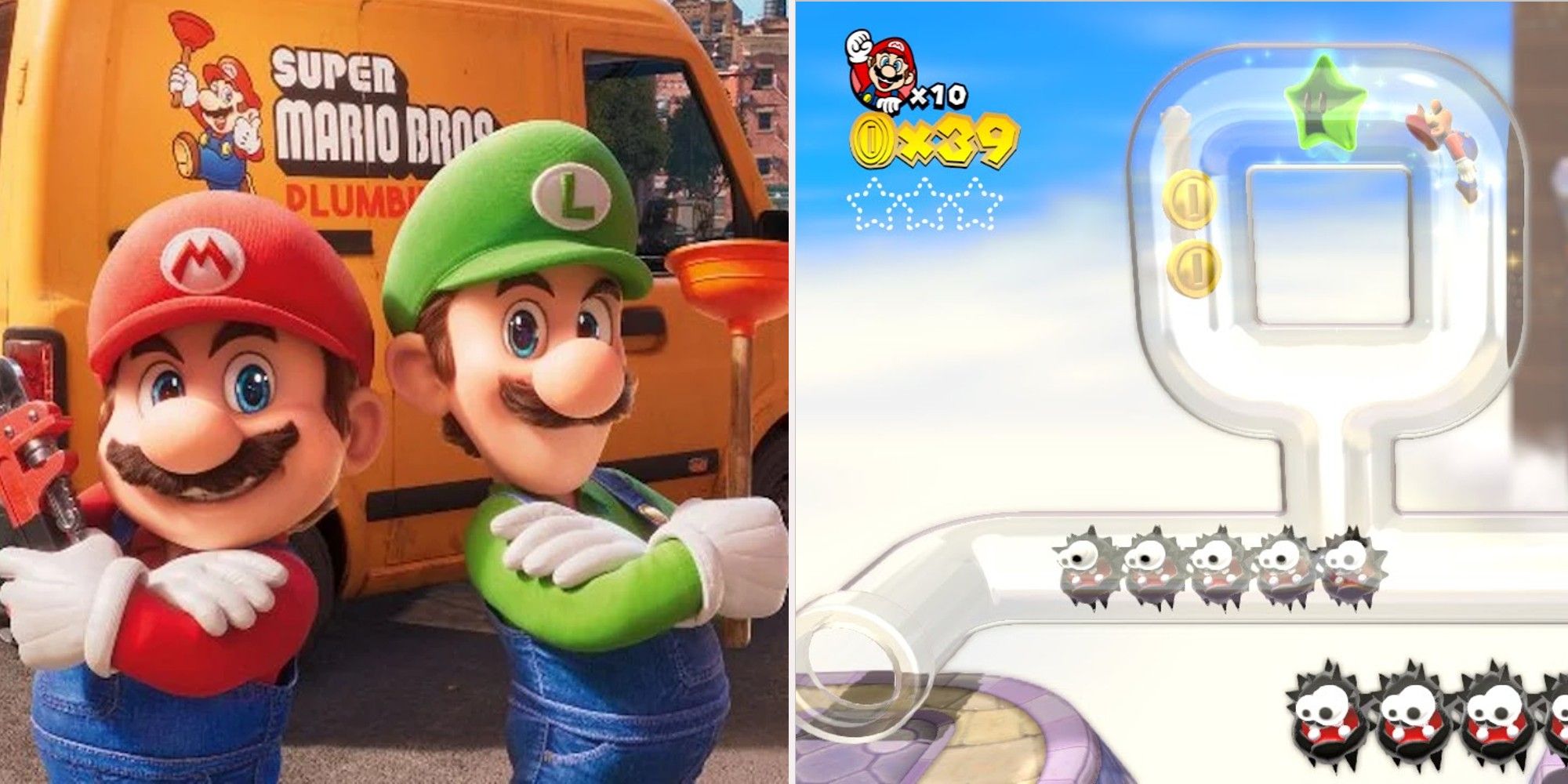 Mario and Luigi plumbers in The Super Mario Bros Movie and Mario flying through a clear pipe in Super mario 3D world