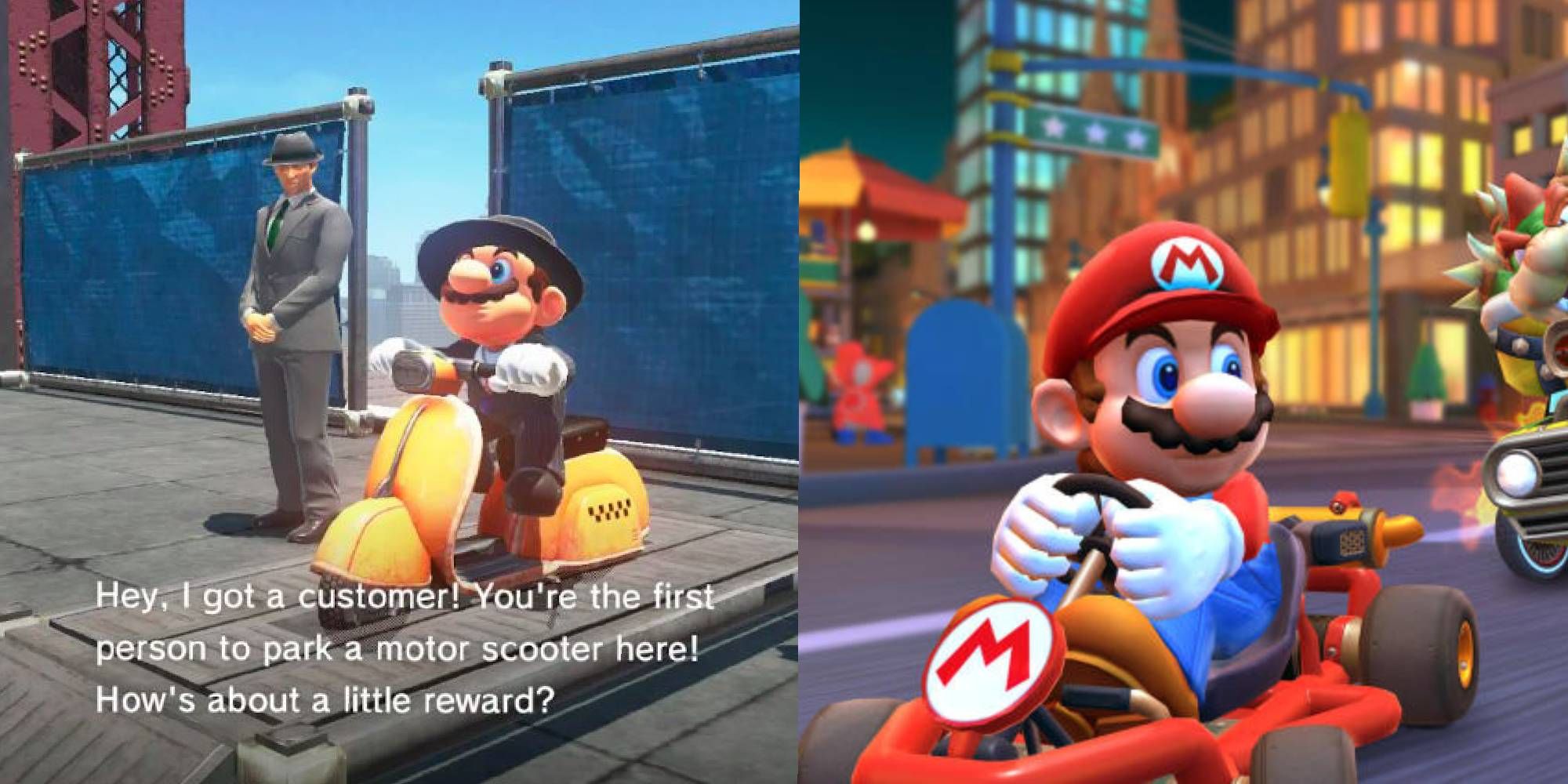 mario on  Moped in Mario Odyessy and Mario in a go kart in Mario Tour