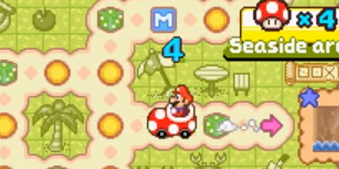 Mario moving 4 spaces on the Shroom City board.