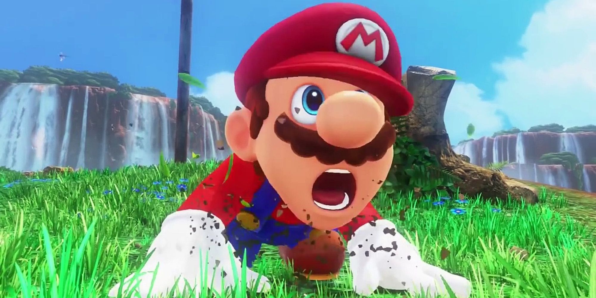 Mario in the feild with his mouth open in Surprise