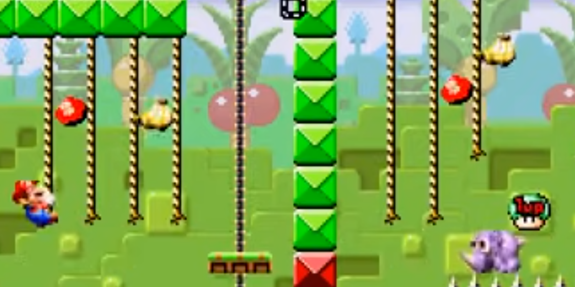 Mario grabbing onto rope in jungle themed level.