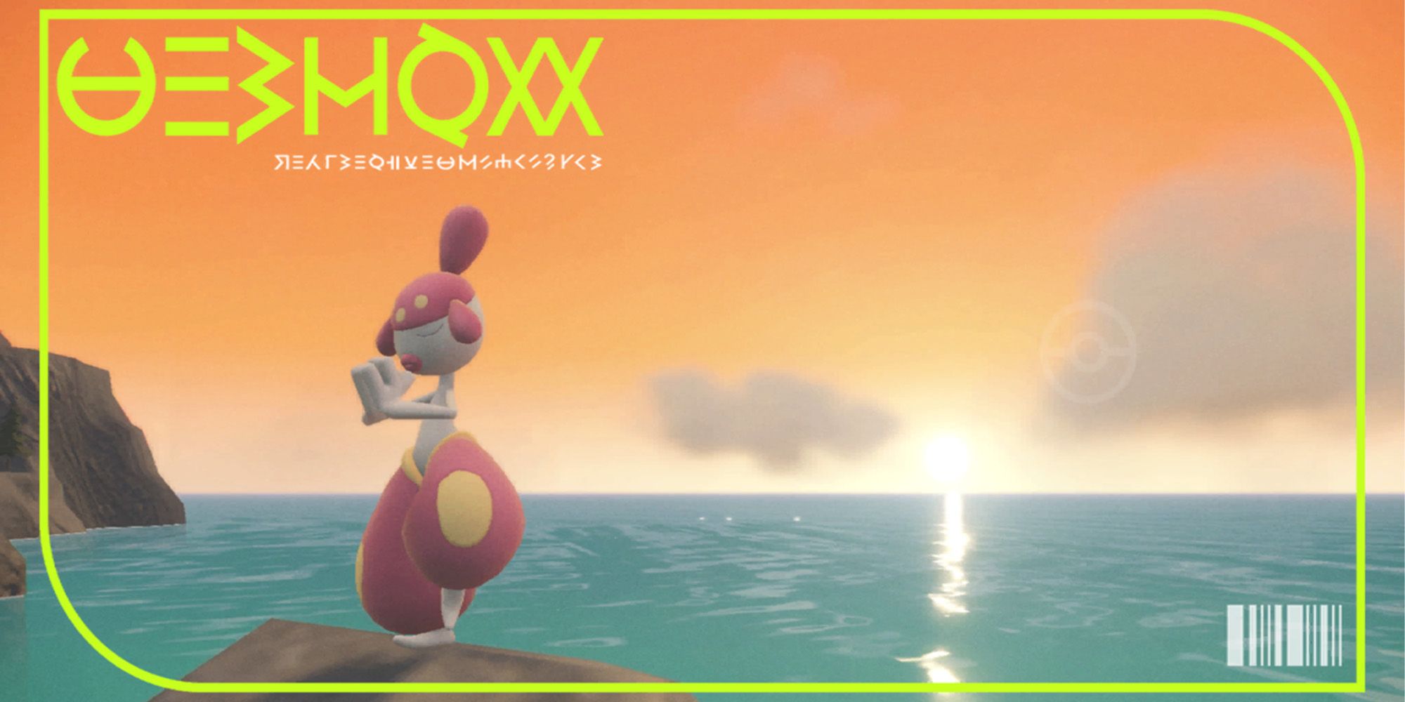 Medicham meditaing on a rock by the beach at sunset in its pokedex picture from Pokemon Scarlet and Violet